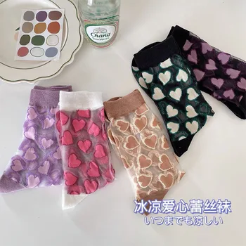 1 par Novih Towers Čarape s kristalima, Ženski Ljeto ultra-tanki Boji Prozirne Kratke Čarape Love, ružičasto ljubičasto smeđe čarape Love Heart Sox
