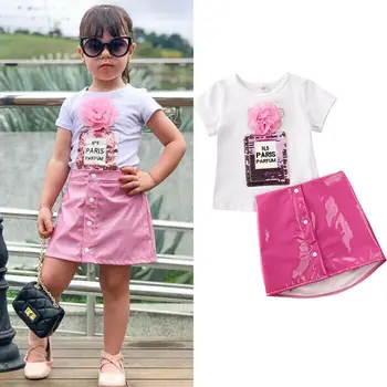 2020 Topla Odjeća za djevojčice, Dječje Majica sa 3D Bojama, Majice Roza i Kožne Suknje, Ljetna Haljina, Komplet odjeće od 2 do 7 godina
