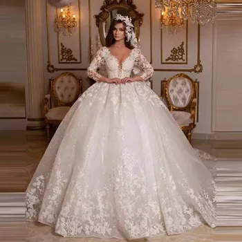 2022 Držači Vjenčanica Princeza Loptu Haljina Izvlačenja Vjenčanica Sjajne Duge Rukave Boje Bjelokosti Dubai Vjenčanica