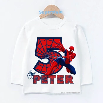 2022 Novi Pad Odjeća Dječje Marvel Spider-Man Na Dan Rođenja Košulja s Dugim Rukavima 2 3 4 5 6 7 8 Godina Prilagođene Ime Spider-Man Majica Za Dječake