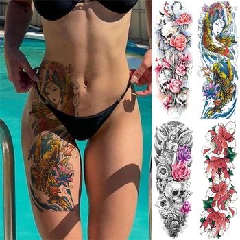 2022sexy lažne tetovaže za žene božur cvijeta lotosa riba zmaj vodootporan privremene tetovaže velike noge bokovi tetovaže na tijelu naljepnice