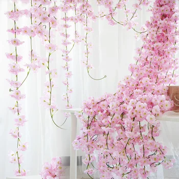 230 cm Roza Cvijet Trešnje Umjetna Svila Loza Sakura Viseće Cvijeće Za Vjenčanje Dekoracije Zidova Lažni Listovi Гирлянда Vijenac