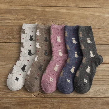 5 Pari Čarapa s okruglim vrhom, jesensko-zimske ženske Čarape Srednje Debljine s Dragim Likom Mačka, Dnevne Tople Čarape Za žene