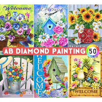AB 5D Diamond Slikarstvo Cvijeće Drvena Kuća Krajolik DIY Vez Križić Mozaik je Umjetnička Slika Ukras Od Gorskog Kristala