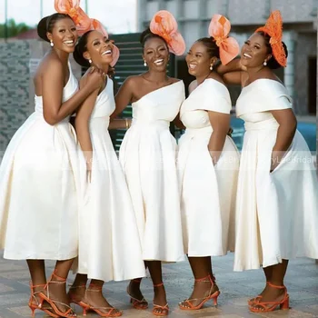Afrički Ženske Kratke Bež Haljine djeverušama Džep na Jedno Rame, Satin Čaj Duljina, Plus Veličina, Ljetno vjenčanicu za Prijem