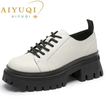 AIYUQI/ženske лоферы od prave kože; Novo 2023 godine; svakodnevni ženske cipele s debelim potplatima u britanskom stilu; bijele ženske cipele čipka-up na visoku petu