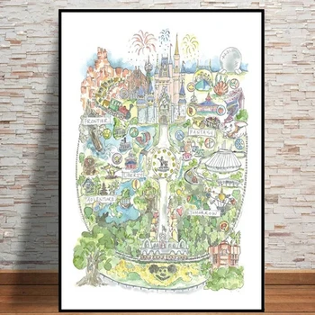 Akvarel Walt Disney Karta Svijeta Platnu Zid Umjetnost Disneyland Čarobno Kraljevstvo Plakati I Ispise Za Uređenje Doma Cuadros