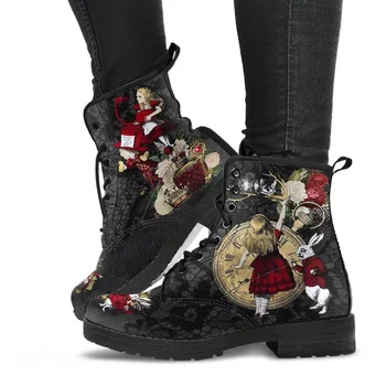 Cipele Martin/ženske čizme; zbirka 2022 godine; jesensko-zimske modne ženske čizme, visoke čizme s uzorkom Alice u Zemlji čudesa i po cijeloj površini; žensko