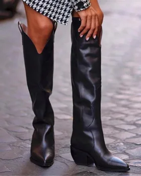 Crne ženske ботфорты iznad koljena od umjetne kože, novo 2021, ženske viteški čizme ženske čizme s oštrim vrhom