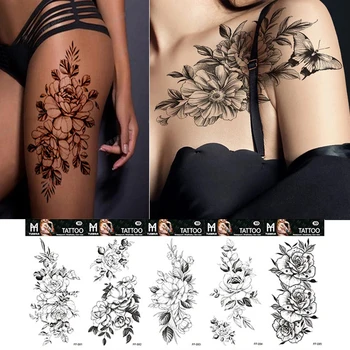 Crni Cvijet Privremene Tetovaže Naljepnica Ruka Rukava Ruža Mjesec Leptir Zmija Kana Tijelo Ukrasiti Realan Lažni 3D Ženski Totem
