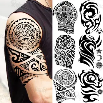 Crni Povez maori, Totem, Privremene Tetovaže Za Muškarce I Žene, Realno, Zvijezde, Mjesec, Lažne Tetovaže, Naljepnice Na Ruku, Tetovaže Na Tijelu, Vodootporan