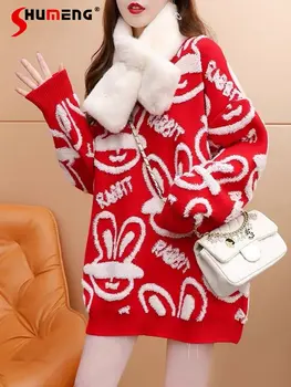 Crvena Božićni Pulover za Žene, Novi Jesensko-Zimskom Slobodan Dizajn, Korejski Stil, Jednostavan Pletene Pulover Dugih Rukava