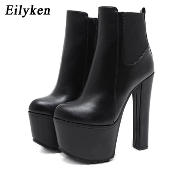 Eilyken/2023 godine Nove Zimske Ženske čizme na platformu i visoku petu cipele Crne Boje Od Umjetne kože s Okruglim vrhom na Munje Ženske Dizajnerske cipele