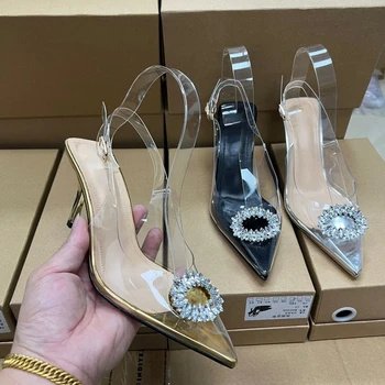 Elegantne ženske cipele na visoku petu cipele, Modni ljetne večernje ženske Sandale 2022 godine, Ukusan Prozirne ženske Sandale Ukosnica s remenom straga i kristalima