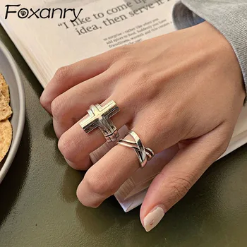 Foxanry Minimalistički Srebrna Boja Prstena Na Prst Moderan Vintage Punk Križ Geometrijski Večernje Nakit Ručne izrade Pokloni za Žene
