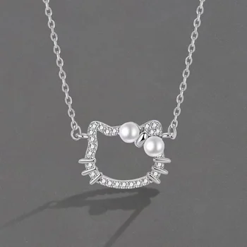 Hello Kitty je Санрио dijamant ogrlice, crtani slika Srebrna ogrlica za žene podesivi prsten biseri šuplje ogrlica pribor