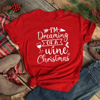 Ja sanjam o Božićno Majicu s Vinom, Ženska Moda Crvena Majica Kratkih Rukava i буквенным Dizajnom, majice, Odjeću za Djevojčice
