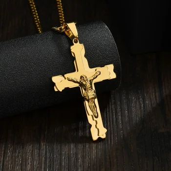 Jednostavna Ogrlica sa Križem Isusa, Zlatna boja, Ovjes i Lanac Od Nehrđajućeg Čelika Za Muškarce, Dar Kršćanske Nakit, Dužina Lanca 60 cm
