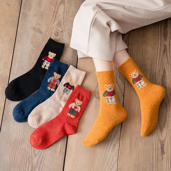Jesensko-zimske tople Vunene Ženske Čarape, japanski Slatka Čarape s Cartoonish Medvjedom, Ženske Slatka Čarape u stilu Харадзюку Kawai