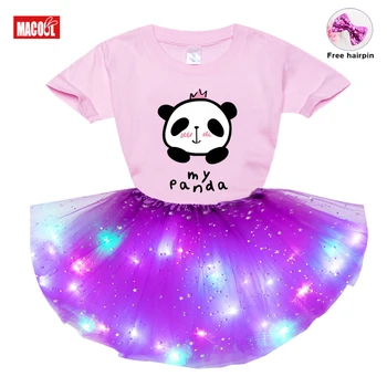 Komplet Odjeće Za djevojčice 2021 Ljetna Majica Dječja Haljina Odijevanje Odjeće Slatka Panda Novi 3 kom. Odijelo, Haljina je Svežanj Svjetlo Led Poklon Za Rođendan