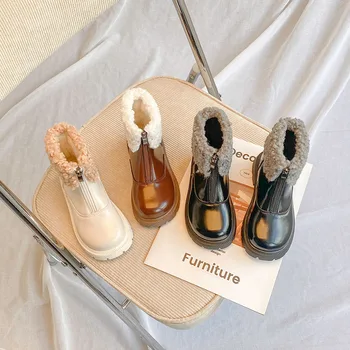 Kratke čizme za djevojčice u ruskom stilu, Univerzalni Pliš cipele s kauč Ruba, Univerzalni zimske Tople Cipele u retro stilu Zatvarač Prednje Za dječaka, Dječje Modne Cipele