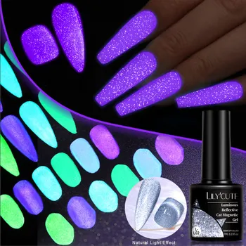 LILYCUTE Sjajni Odražava Magnetski Gel-lak za nokte sa slikom Mačke, Svijetla u mraku Ljubičasta Fluorescentno Boja, Впитывающийся UV-lak za nokte
