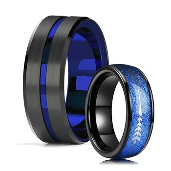 Modni 8 mm Black Volfram Gospodo Vjenčano Prstenje s Umetak Od Plave Meteorit, Prstenje Sa Strelicama Za Muškarce i Žene, Pokloni Za Valentinovo, Izravna Dostava