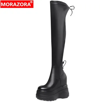 MORAZORA/ Novost 2022 godine; zimska obuća u ravnim cipelama s patent-zatvarač i peta; Čizme iznad koljena; ženske čizme od prave kože na platformi