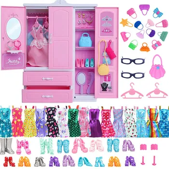 Namještaj za dollhouse Barbie 31 predmet/ set = 1 Ormar + 30 Lutaka pribor za Odjeću Za Lutke Haljine Krune Ogrlica Cipele Za Barbie