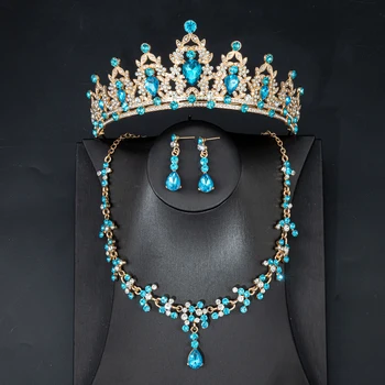 Nebo-Plavi Kristal Kapi Vode Nakit Kompleti Za Žene Crown Ogrlica I Naušnice Vjenčanje Stranka Afrički Skup Bijoux Femme Svadbeni Nakit