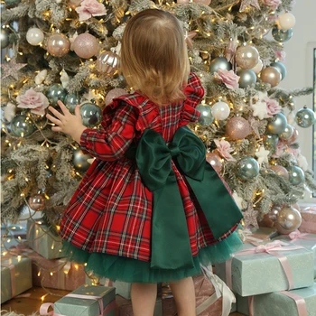 Nova Božićna Haljina za Djevojčice od 6 do 5 godina, dječji Crveno-zelena Haljina u Kavez s Lukom Za Djevojčice, Kostimi Princeza za Božićni domjenak, Odjeća
