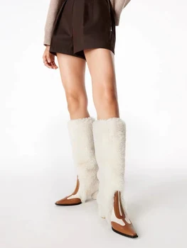 Nove vunene čizme do koljena na debelom kvadratni petu s trga vrhom i duge cijevi, tople ženske čizme bez spajala na visoku petu