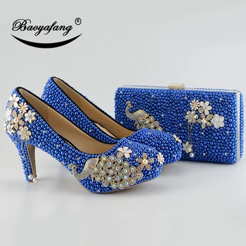Novi dolazak, Kraljevska plava cipele s biserima i dijamantima u obliku pauna, Ženski večer/Svadbene cipele-čamaca, Visoke cipele, modne ženske cipele za mladenke sa štrasom
