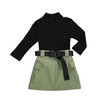 Od 1 do 6 godina, Modni Kompleti Odjeće, Pletene Crni Džemper dugih rukava Za djevojčice, Vrhovima, Vojne Zelene Suknje za Djevojčice + Zonu, Jesen