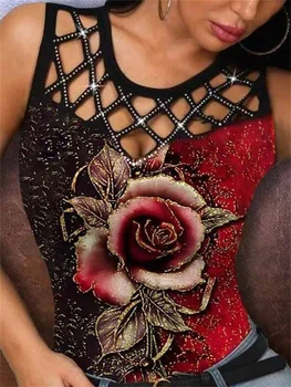 Otvorena Majica Bez Rukava S 3D Ispis Ruže, Ženska Seksualna Godišnje Casual Moda Majica Okruglog Izreza, Prsluk, Večernje Klupske Majice na Бретелях 2022, Novo