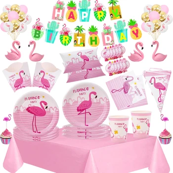 Pink Flamingo Rođendan Jednokratni Pribor Za Jelo Papirnata Čaša Tanjur Stolnjak Poklon Paket Baloni Dječji Havajski Večernje Uređenje