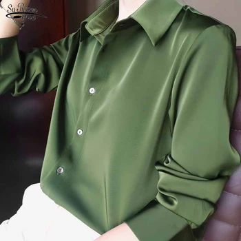 Proljetna Moda Korejski Satiny Svila, Visoke Kvalitete Gumb Slobodne Ženske Majice S Dugim Rukavima Avokado Zelena Košulja Vintage Bluza Ženska 12610