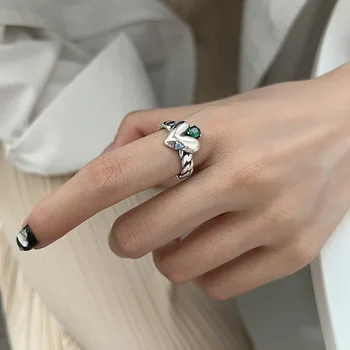 Prsten od 925 Sterling Srebra sa Geometrijskim Nepravilnim Srcem od Zelenog Kamena za Žene, Богемное Klasicni Podesivo Antičku Pojedinim Prsten
