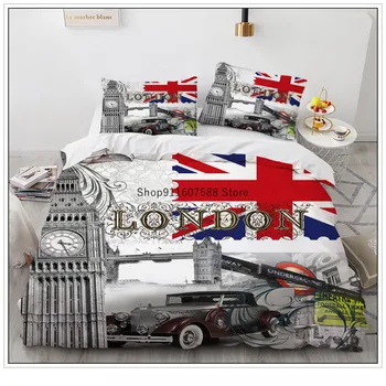 Retro Grad SAD-London City Set posteljine Moderan Automobil Cvijeće Deka Skup Za Odrasle, Kućni Tekstil 2/3 kom. Posteljina, BEZ Ručnici