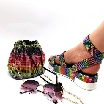 Sandale na vrpcu sa šljokicama i uređena ton torba-torba sa blistava sjaja, Ženske cipele na platformu, ljetni ženski modeli