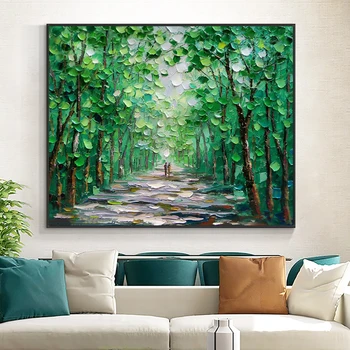 Sažetak Drveće sa Zelenim Lišćem Slikarstvo 100% Ručno Oslikana Ulje Na Platnu, Suvremeni Pejzaž Zid Umjetnost Za Uređenje Doma
