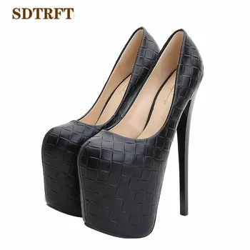 SDTRFT/ženska obuća za transvestit na platformi i visokom tankom petu 20 cm, ukusan klub cipele-brod s okruglim vrhom, ženske cipele vjenčanje na ukosnica, velike dimenzije: 34-50