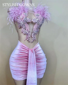 Seksi Pink Baršun Kratke Maturalne Haljine 2022 Zrna Crystal Dijamant Koktel Haljina Rođendan, Perje, Haljina I Ogrtač De Bal