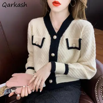 Skraćene Kardigan Ženski Francuski Stil Retro Dizajn V-oblika izrez Za Odmor Jesenski Trendi Ženski Elegantni Džemper Pletenje U Patchwork Stilu Ins