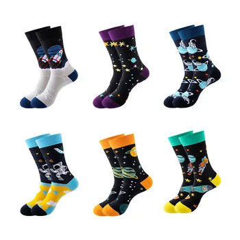 Slikarstvo Stil Sretan Smiješno NLO Astronaut Svemirska Raketa Zvijezda Muške Čarape Za Posade Uličnu Odjeću Pamučne Muške Čarape Harajuku Calcetines