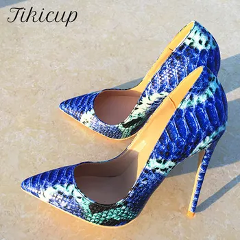 Tikicup/ ženske sitnice cipele-brod sa efektom krokodila Kraljevske plave boje na visoku petu cipele, modni dizajner Šik cipele, čamaca, modeliranje ženske cipele s oštrim vrhom i sitnim urezima