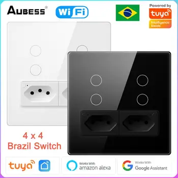 Tuya Smart Brazil 4x4 Prekidač 4 Tipke S 2 Rozetama 16A WiFi Aplikaciju za Daljinsko Upravljanje Prekidači Radi Alexa Google home
