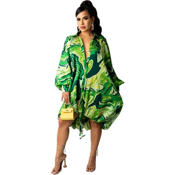 Zelena Donje haljina-košulja s dugim rukavima i po cijeloj površini, Zimski casual odjeća 2022 godine, Afrička ženska Široka Slobodna Suknju srednje dužine na zakopčane