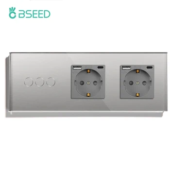 Zidni touch Prekidači BSEED 3 gang 1Way s USB priključcima Power Type-C Standard EU, Ploča od kaljenog Stakla, plavo pozadinsko Osvjetljenje