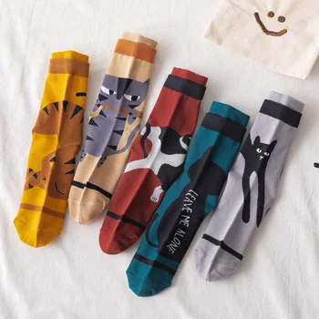 Čarape sa životinjama, Ženske Pamučne Svakodnevne Čarape u korejskom stilu sa smiješno Mačka iz Crtića, Ženske Modne Čarape, 1 Par Ženskih Boji Čarapa EU 35-43